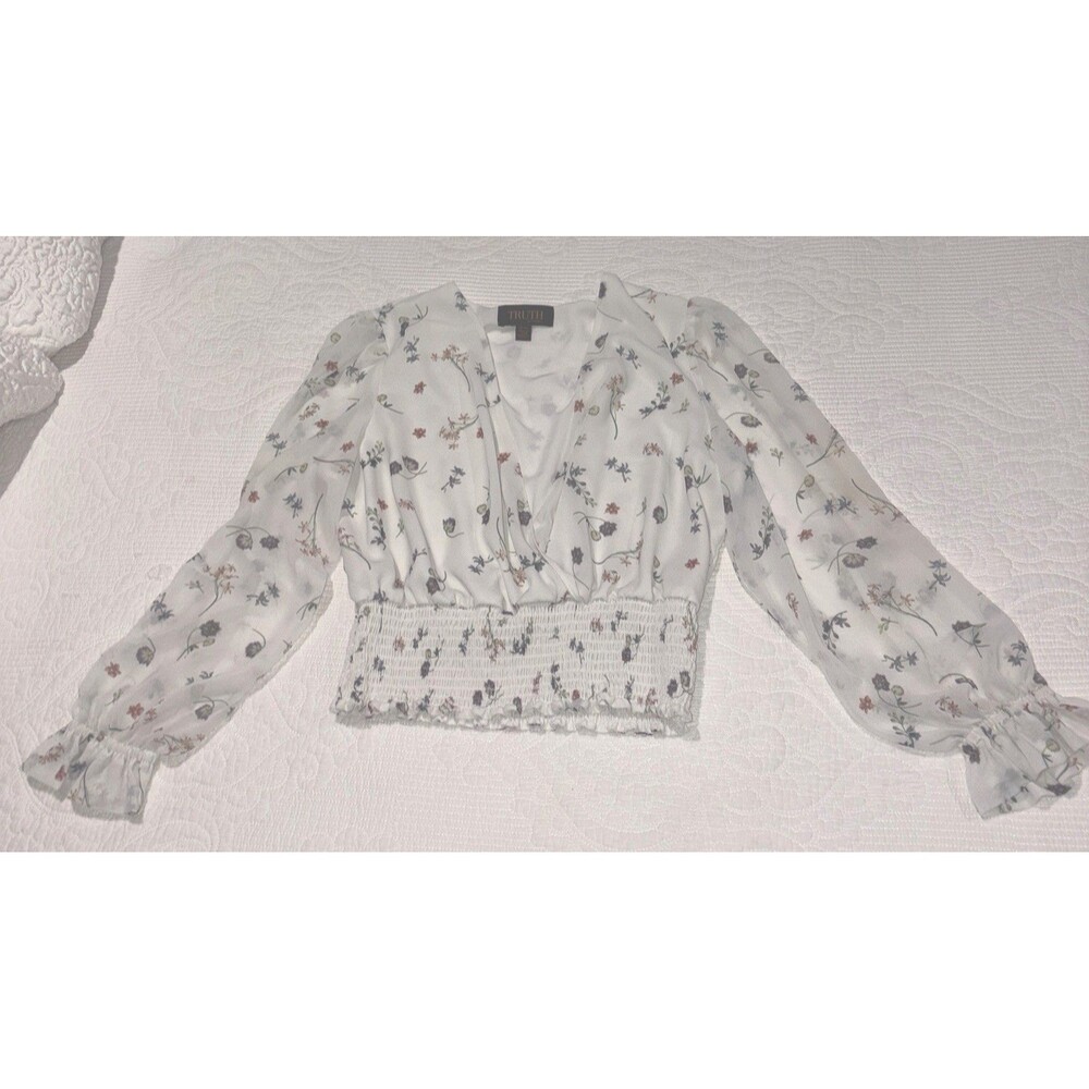 Trueth Blouse Top Sheer Lined  Puff sleeve V-Neck Medium Feminine
